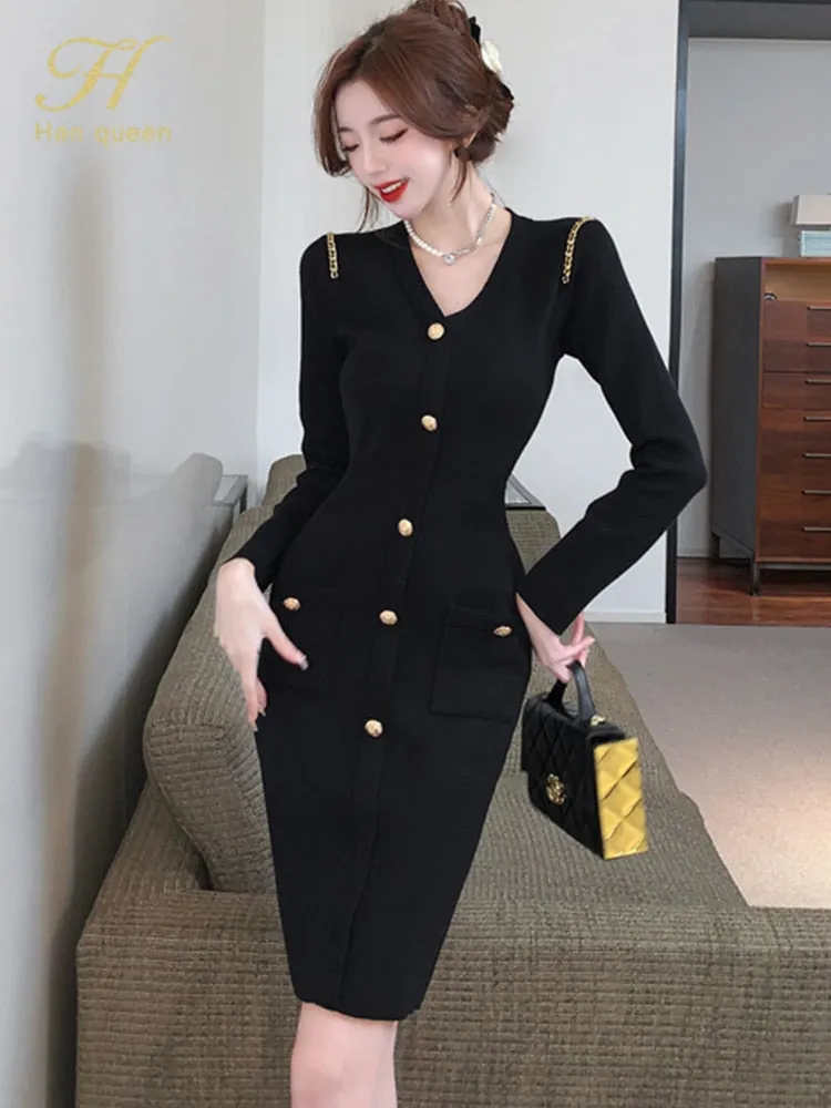 Women's Winter Vintage Style V-Neck Knee-Length Button Bodycon Dress