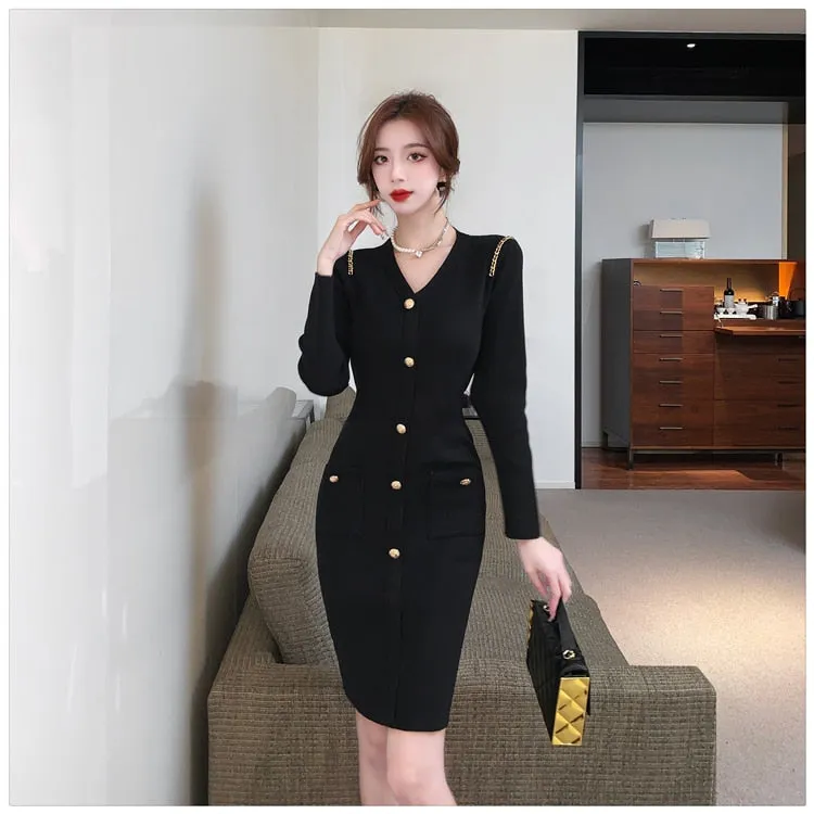 Women's Winter Vintage Style V-Neck Knee-Length Button Bodycon Dress