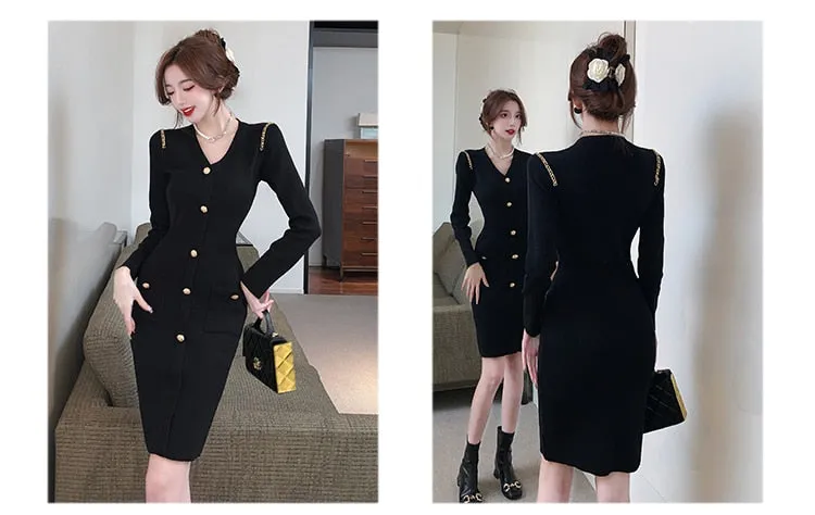 Women's Winter Vintage Style V-Neck Knee-Length Button Bodycon Dress