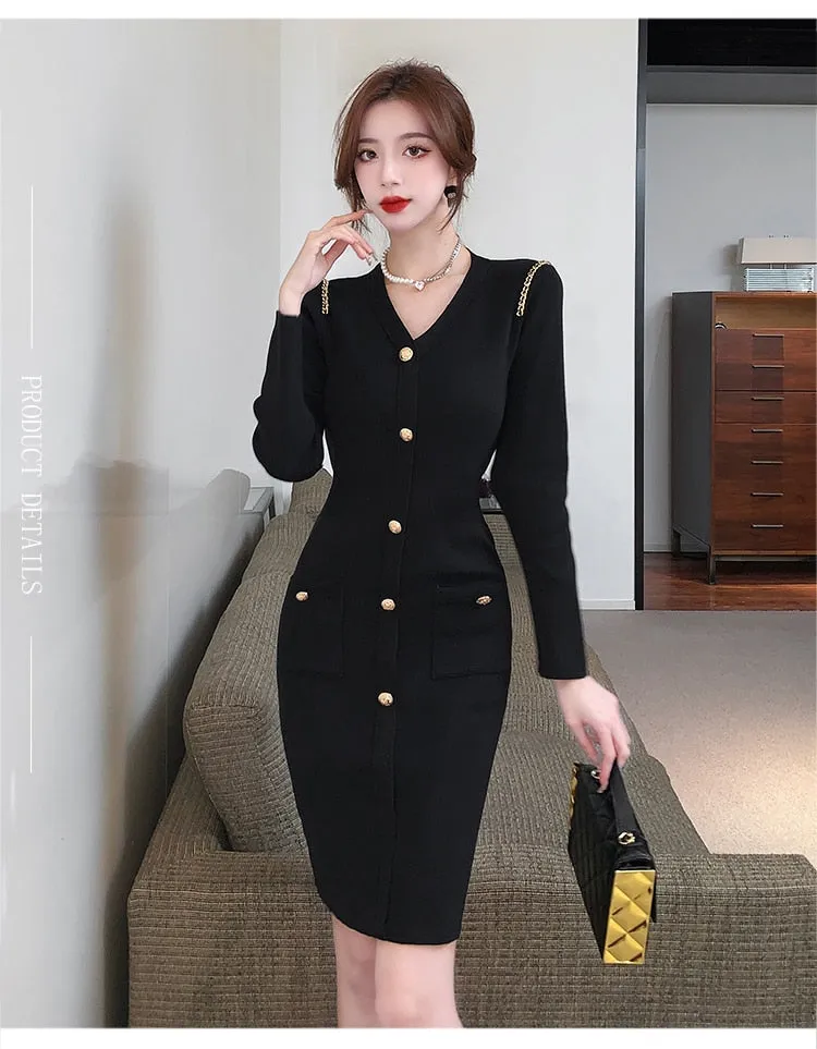 Women's Winter Vintage Style V-Neck Knee-Length Button Bodycon Dress