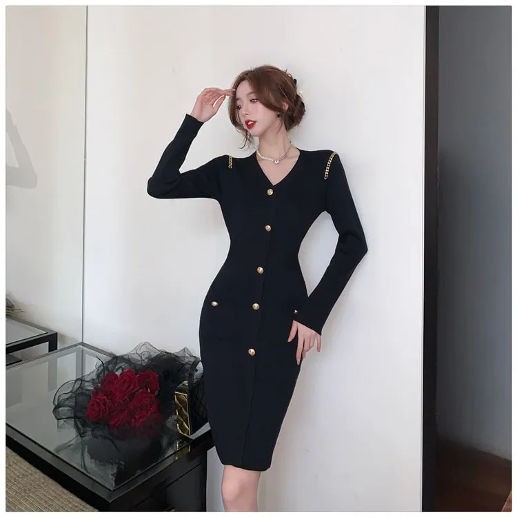 Women's Winter Vintage Style V-Neck Knee-Length Button Bodycon Dress