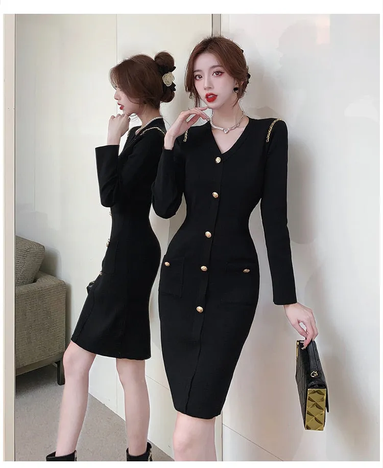 Women's Winter Vintage Style V-Neck Knee-Length Button Bodycon Dress