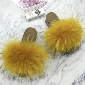 Women's Yellow Summer Real Fur Heels Rivets Platform House Slippers