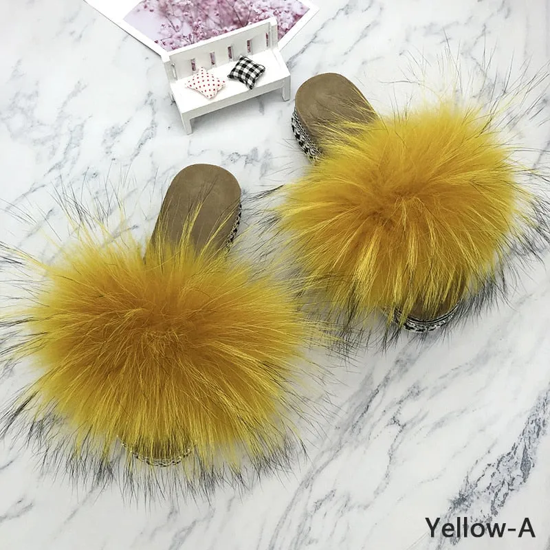 Women's Yellow Summer Real Fur Heels Rivets Platform House Slippers